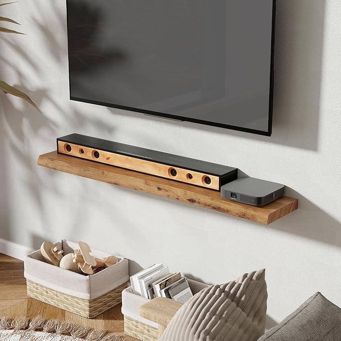 Rustic Elm Wood Floating Shelves 48 Inch, Wall Mounted Live Edge Floating Shelf for Bathroom Living Room Kitchen, Long Wooden Wall Shelves with Heavy-Duty Bracket for Books Decor Storage, Natural