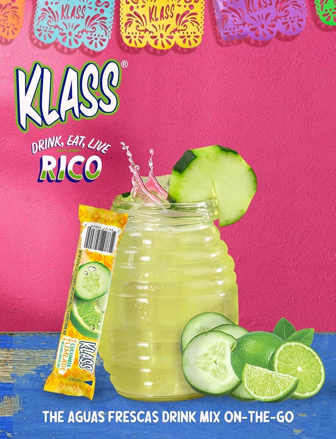 Klass Aguas Frescas, Powdered Drink Mix, 40 Singles Zero Sugar & Caffeine-Free Powder Packets, Water Drink Mix, Flavor: Cucumber Limeade - 5 Calories Per Packet & Natural Flavors