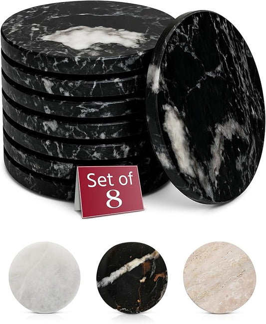 Gusto Nostro Black Marble Coasters Set of 8 - Modern Natural Stone Coasters for Drinks - Solid Marble Kitchen Accessories, Round Artisanal Stone Coaster for Kitchen Counter, Coffee Table, Countertop