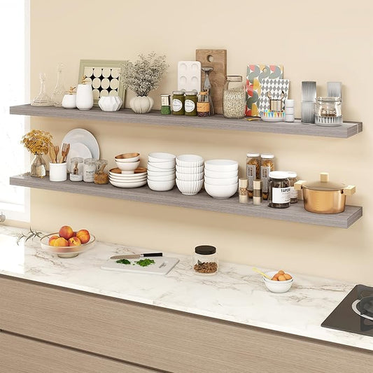 72 Inch Floating Shelves, 9.3" Deep Floating Shelf Wall Mounted, 72" Wall Shelves, Rustic Deep Bookshelf, Large Display Shelves & Storage Shelves for Bedroom, Living Room, Grey, Set of 2