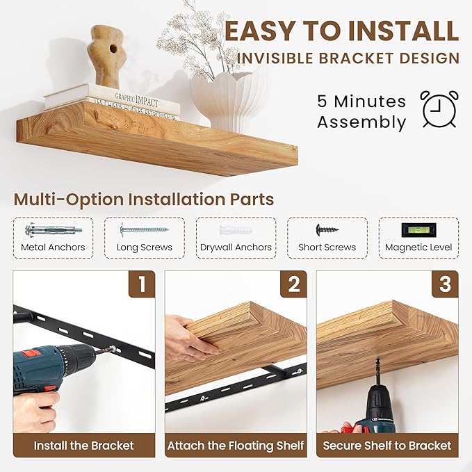 Floating Shelves, 8" Deep Rustic Solid Elm Wood Wall Mounted Floating Shelves, Wall Shelves with Invisible Bracket for Living Room Bathroom Bedroom Kitchen, 32 Inch Set of 2, Natural