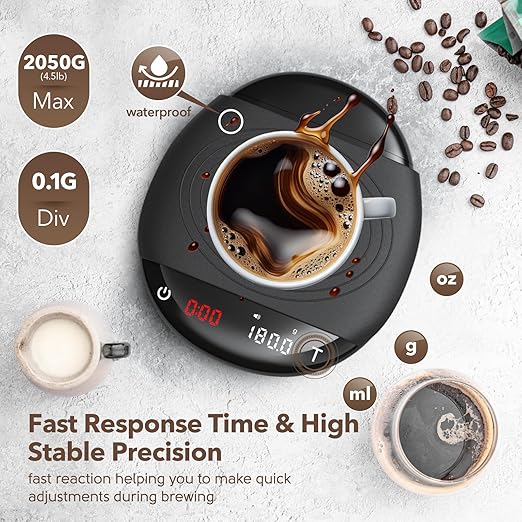 Mini Coffee Scale with Timer - Digital Espresso Scale 2kg/0.1g Accuracy Pour Over Coffee Rechargeable Down to 0.1g High Precision for Kitchen Food Weighing Measuring Baking Brown