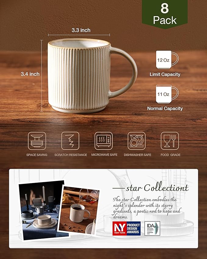 famiware Coffee Mug Set for 8, Star 12 oz Catering Mugs Cup Set with Handle for Coffee, Tea, Cocoa, Milk - Ceramic Stoneware Drinkware Set, Cappuccino White