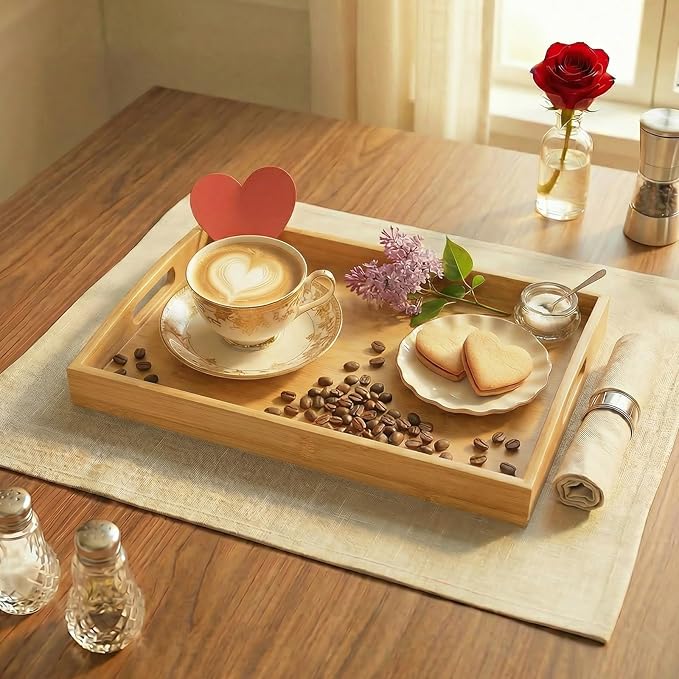 Bamboo Serving Tray with Handles, Set of 2 Large Wood ServingTrays for Food & Coffee, Elegant Wooden Tray for Breakfast in Bed, Kitchen & Party