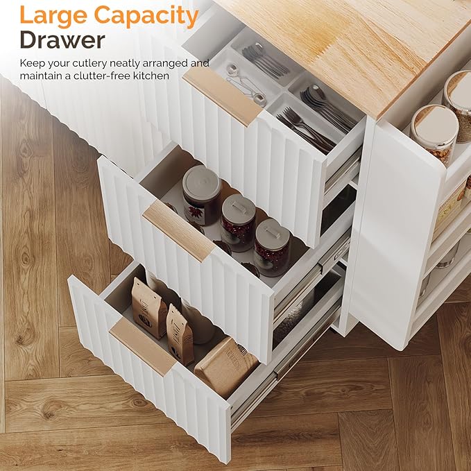 VINGLI Fluted Kitchen Island Cart on Wheels with Storage, Folding Rolling Kitchen Island with Drawers, Small Portable Island Table with Extendable Rubber Wood Top, White