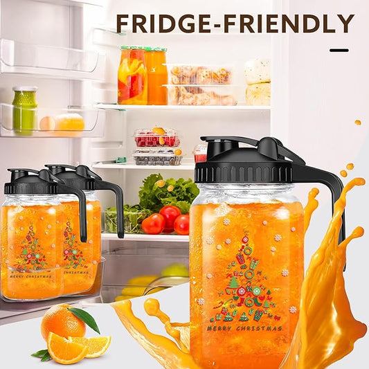 Christmas Gift for Mom,Mason Jar Pitcher, 64 oz Glass Milk Pitcher, Wide Mouth & Leakproof Glass Pitcher with Lid for milk, Sun Tea, Juice, Cold Brew Coffee and Drinks(Christmas tree）