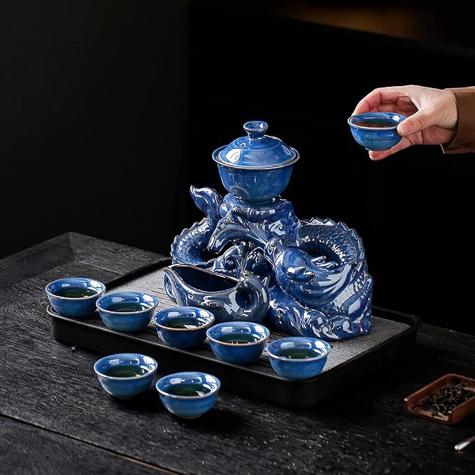 Semi Automatic Tea Set Ceramic Teapot with Infuser Magic Teapot with 8 cups (Blue Dragon- D)