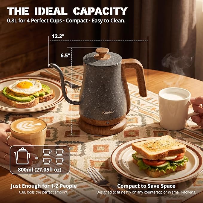 Electric Tea Kettle, Electric Kettle Stainless Steel, 1000W Tea Kettle Electric Auto Shut Off, 0.8L, Wood-like Grain Finish Handle, Ice Crackle