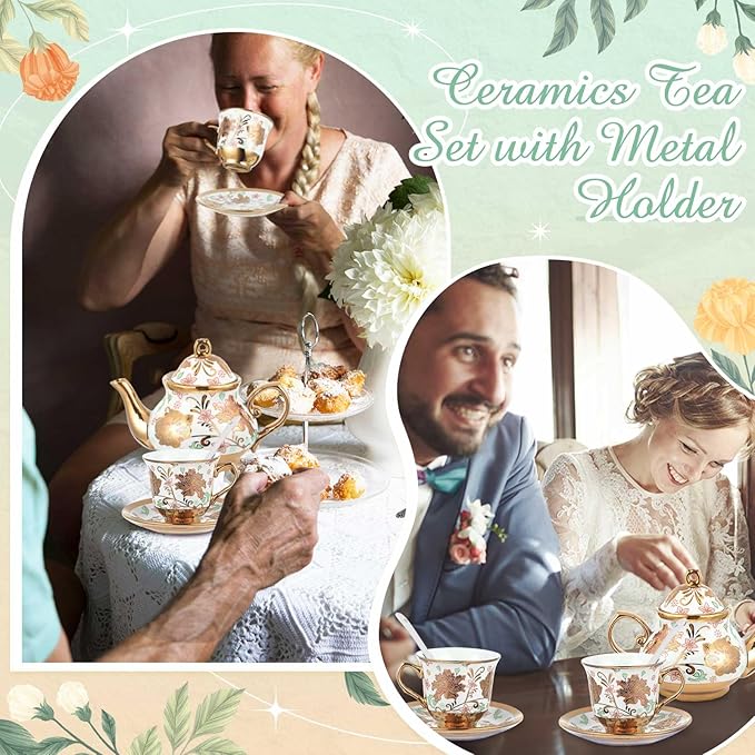 Zhehao 20 Pcs Porcelain Tea Set with Metal Holder and Spoon Adult Ceramic Tea Set European Flower Painting Teapot Cup Saucer Spoon for Women, Large Version(Elegant Style)