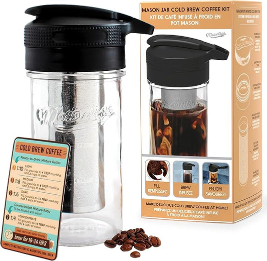Masontops Cold Brew Makers Kit - Deluxe Iced Coffee Maker with Glass Pitcher & Stainless Steel Mesh Filter - Easy Pour Fridge Cold Brewer System