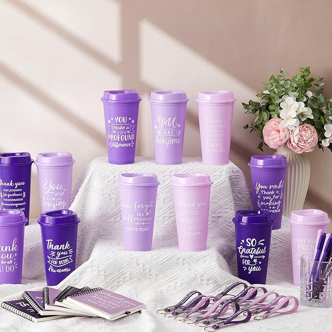 Skylety 12 Set/48 Pcs Employee Appreciation Gifts Bulk Christmas Thank You Gift Set 16 oz Coffee Cups Mini Spiral Notebooks Pens Keychains for Staff Team Teacher Coworker (Purple Gradient)