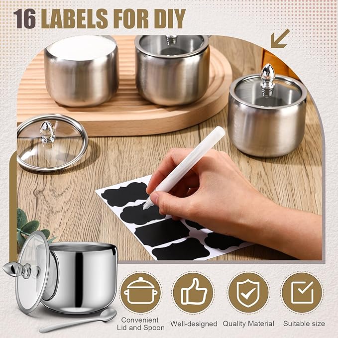 Baderke 4 Pcs 9.8 oz Stainless Steel Sugar Bowl Sugar Container Condiment Dispenser with Lid and Spoon with Tag for Spice Coffee Tea Pepper Herbs (Silver)