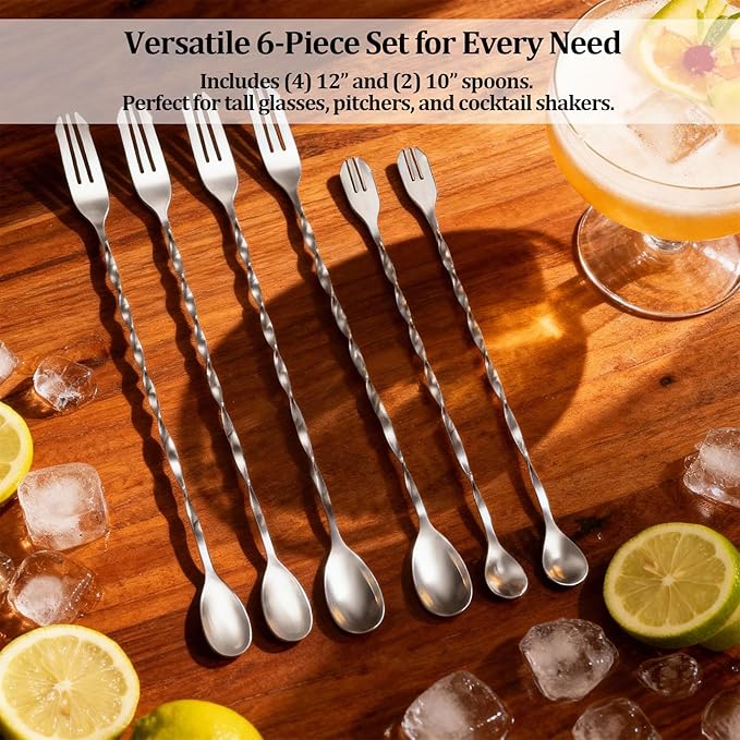 6-Piece Bar Spoons Cocktail Stirrers, Stainless Steel Cocktail Mixing Stirrers for Bar, Home, Mixing Cocktails, Coffee, and Smoothies(12 Inches & 10 Inches)