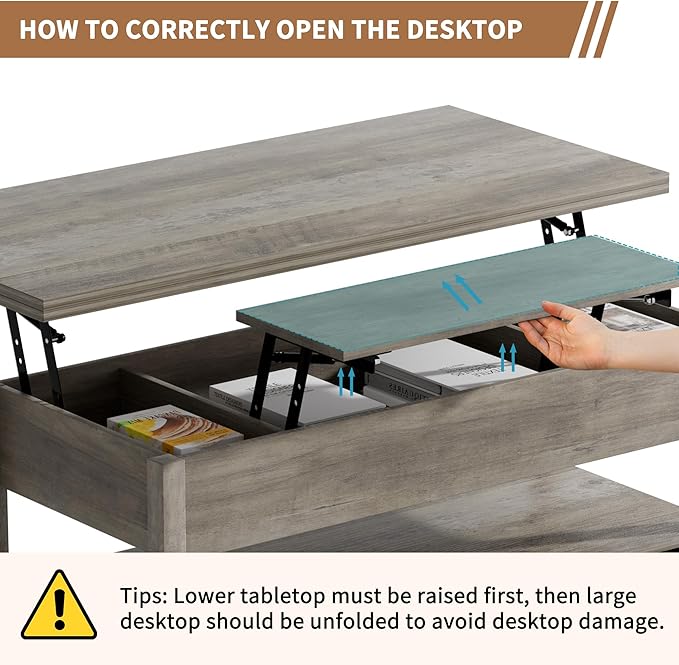 42'' Lift Top Coffee Table, 4-in-1 Multifunctional Lift Coffee Table with Storage & Hidden Compartments, Farmhouse Coffe Table with Lifting top for Living Room, Dining Reception Room, Grey