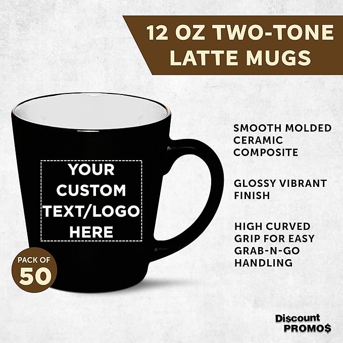 Custom Ceramic Coffee Latte Mugs 12 oz. Set of 50, Personalized Bulk Pack - Perfect for Coffee, Tea, Espresso, Hot Cocoa, Other Beverages - White