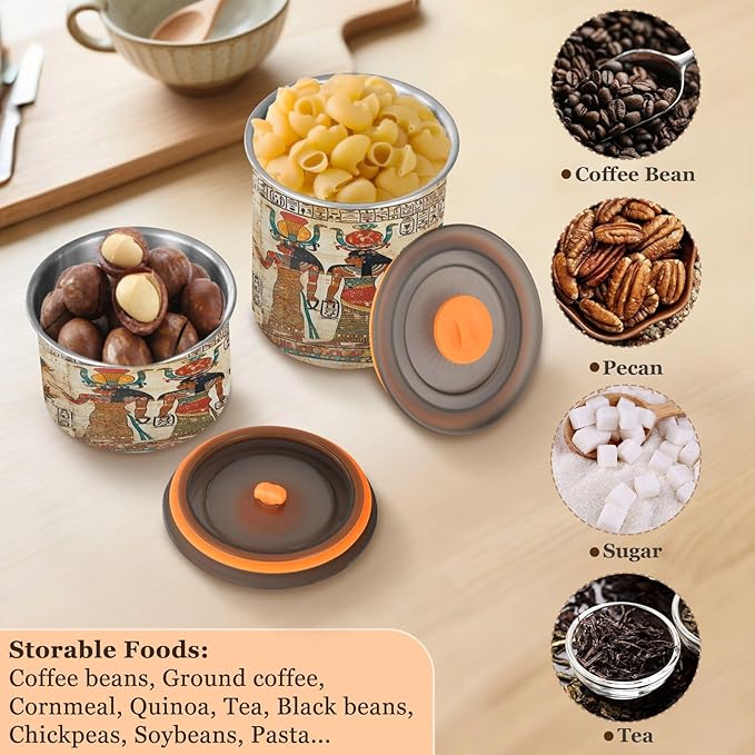 YETTASBIN Egyptian Murals Airtight Food Storage Containers 500ml/19oz, Stainless Steel Coffee Canisters with Vacuum-Lock Lid for Kitchen Organization, Coffee Bean, Tea, Sugar, Flour