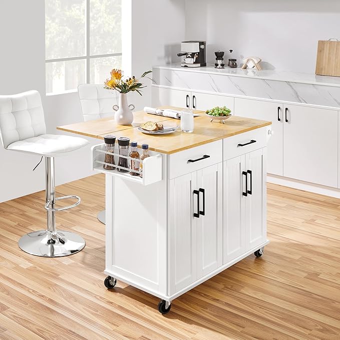 Yaheetech Kitchen Island Cart with Drop Leaf, 49" Rolling Island Table with Storage, Drawer, Kitchen Cart with Rubberwood Top, Detachable Towel & Spice Rack, White