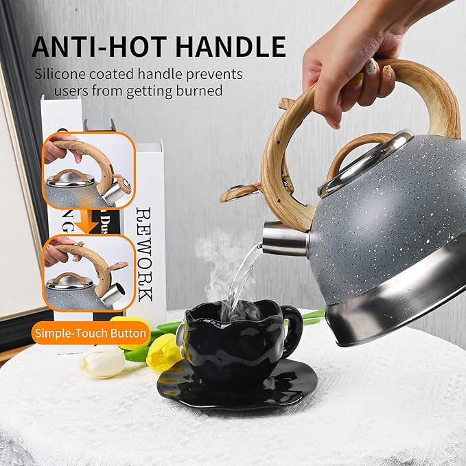 3 Quart Whistling Tea Kettle for Stovetop – Stainless Steel Teapot with Loud Whistle, Cool-Touch Wood Handle, Rust-Resistant Base & Natural Stone Finish (Gray)
