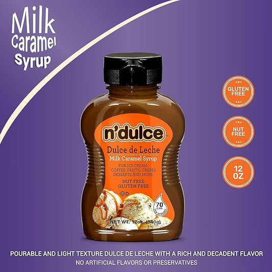 N’DULCE Dulce De Leche Syrup | Caramel Creams | Syrups For Coffee Drinks | Light Texture and Rich Flavor | Gluten-free | Nut-free | Pourable Syrup For Beverages, Desserts & Pastries -12 oz