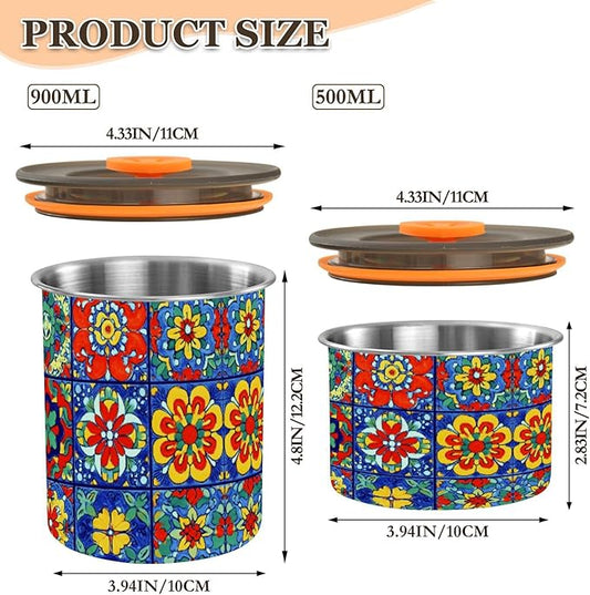 Stainless Steel Coffee Storage Containers with Airtight Lid, Colorful Mexican Talavera 30oz Food Storage Container Kitchen Canister for Tea, Coffee Beans, Ground, Sugar Storage