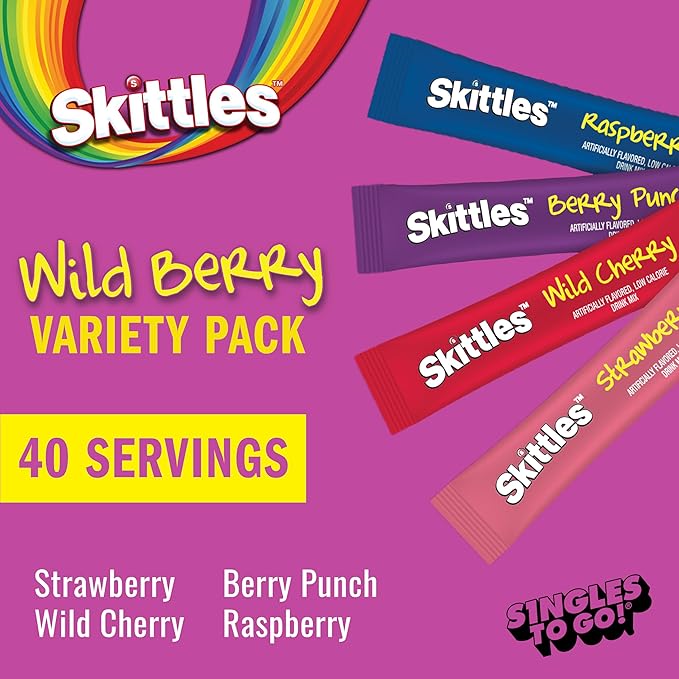 Skittles Singles To Go Wild Berry Variety Pack, Watertok Powdered Drink Mix, Zero Sugar, Low Calorie, Includes 4 Wild Berry Flavors, 1 Box (40 Single Servings)