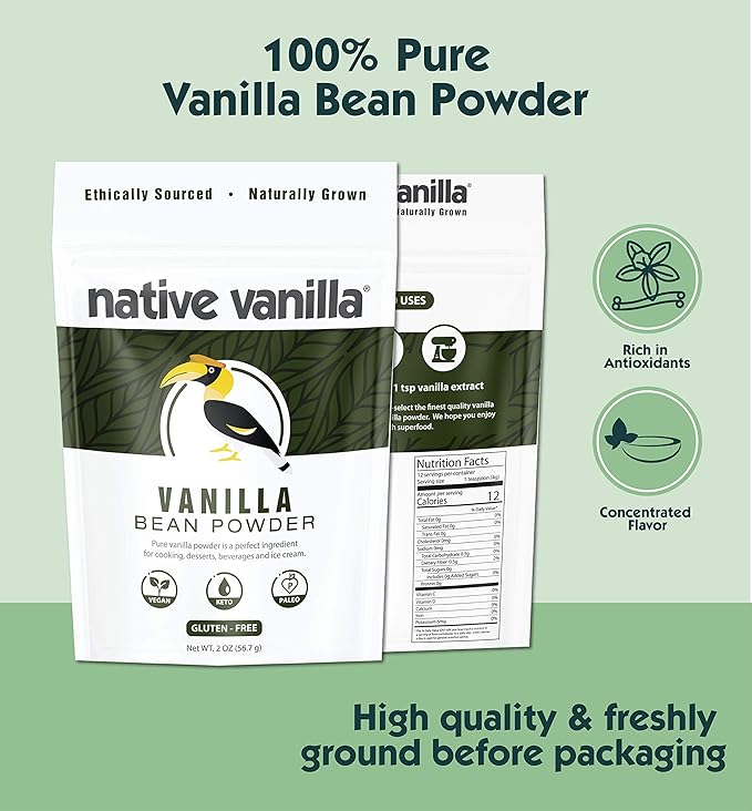 Vanilla Bean Powder - 8 oz - Premium 100% Pure Ground Vanilla Bean Powder - For Cooking, Baking, Coffee, Smoothies & Desserts - No Fillers or Additives, Raw & Unsweetened - Native Vanilla