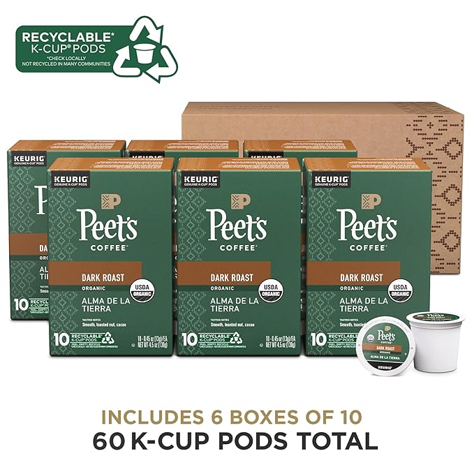 Peet's Coffee, USDA Organic Dark Roast Keurig K-Cup Pods, 100% Arabica Coffee - Alma de la Tierra 60 Count (6 Boxes of 10 Pods)