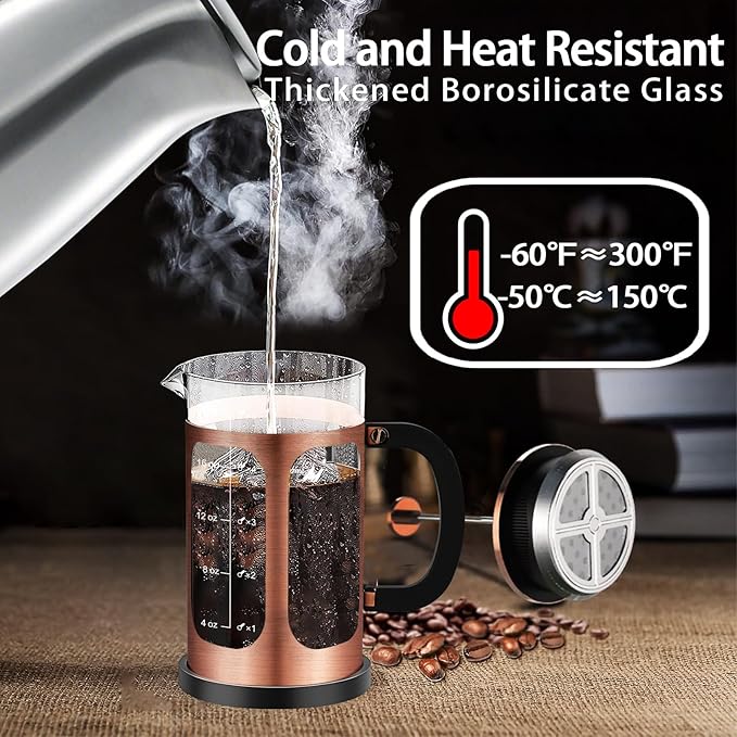 YMMIND French Press Coffee Maker (21oz 600ML 3-4Cup) Coffee Press, with 4 Filters System, Heat Resistant Thickness Borosilicate Glass, Cold Brew Coffee Tea Pot Gifts (Copper)