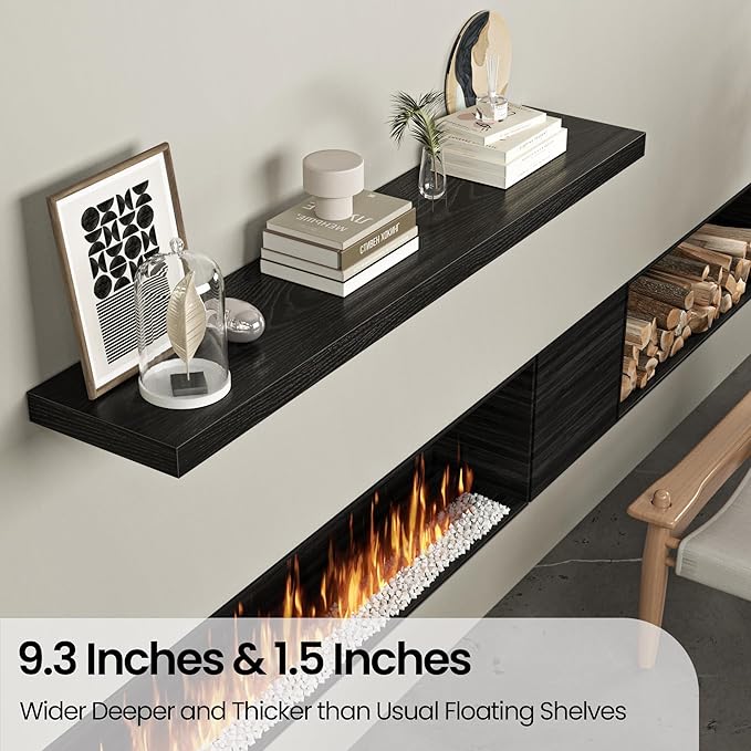 Floating Shelves for Wall, 72"W x 9.3"D x 1.5"H, Long Wooden Wall Mounted Display Shelves with Invisible Brackets for Living Room, Bedroom, Bathroom, Kitchen Decor and Storage, Set of 1, Black