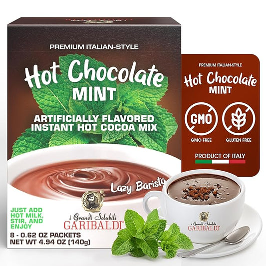 Cafe Garibaldi Premium Hot Chocolate Mint - Instant Cocoa Mix with Cocoa Powder, Gluten-Free & GMO-Free, 8 Servings x 0.62oz Packets, Ideal Italian Hot Chocolate Gift