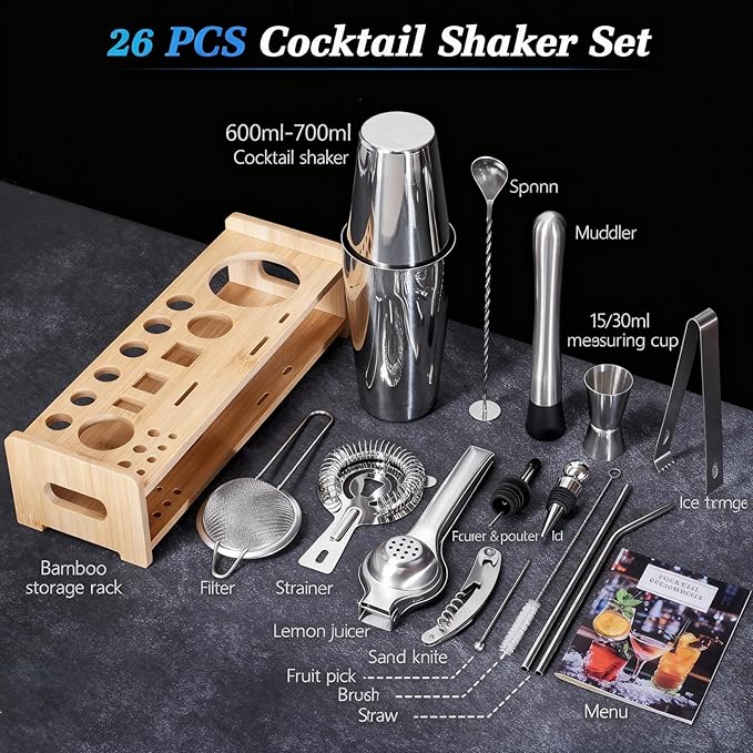 JUSTDOMI 26-Piece Stainless Steel Bar Tool Set Bartender Accessories, Cocktail Shaker Set Bartender Kit with Stand, Cocktails Kit with Muddler for Bar Accessories, Home, Party Cafe Drinks-Style 1