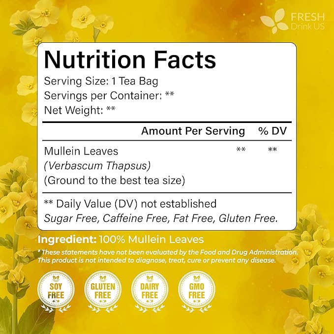FreshDrinkUS, Premium 25 Mullein Leaf Tea For Lungs, Lung Detox For Smokers, Handmade, 100% Natural & Pure, Mullein Tea, No Sugar, No Caffeine, No Gluten, Vegan
