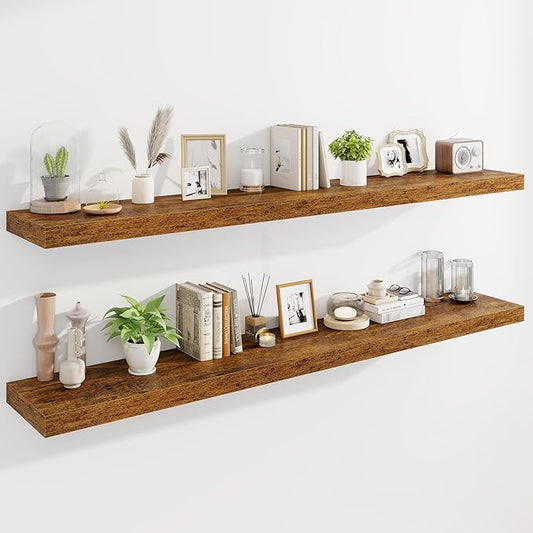 Marsmiles 72" Floating Shelves for Wall, Wooden Shelves with Invisible Brackets Set of 2, Rustic Farmhouse Wall Mounted Shelf for Kitchen Bathroom Living Room Study, Rustic Brown