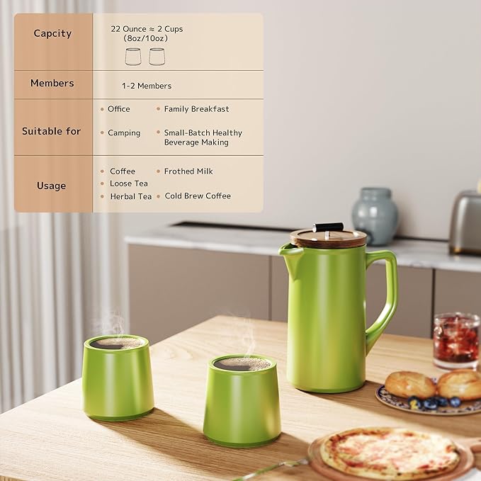 DHPO Ceramic French Press Coffee Maker, 22oz Single Serve Coffee Press with Walnut Wood Lid, Lead-Free, Food Grade Stainless Steel Filter with Dual Screen for Coffee and Loose Tea, Green