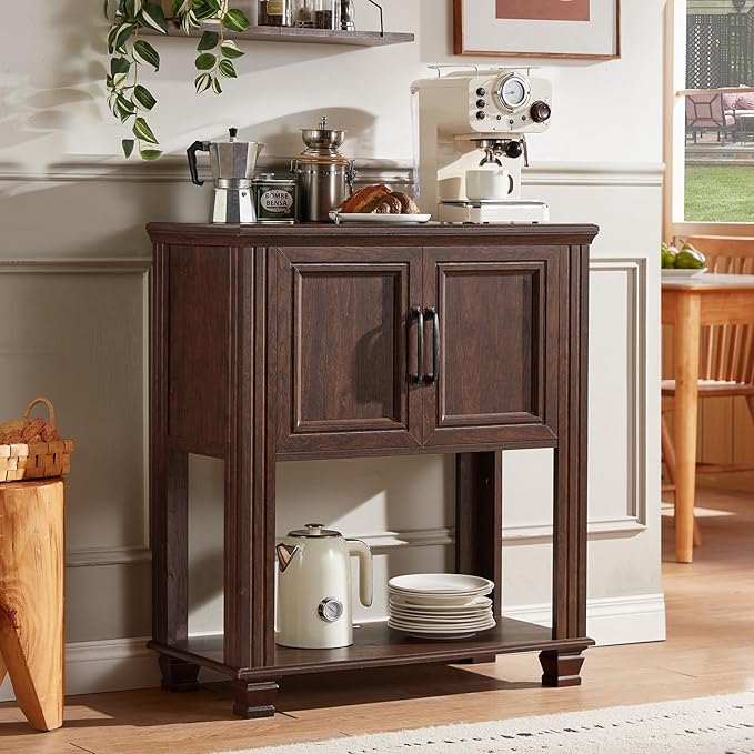 Farmhouse Coffee Bar Table with 2-Door Cabinet, Kitchen Storage Cabinets with Open Shelf, Coffee Station for Dining Room, Kitchen, Hallway, Living Room, Walnut