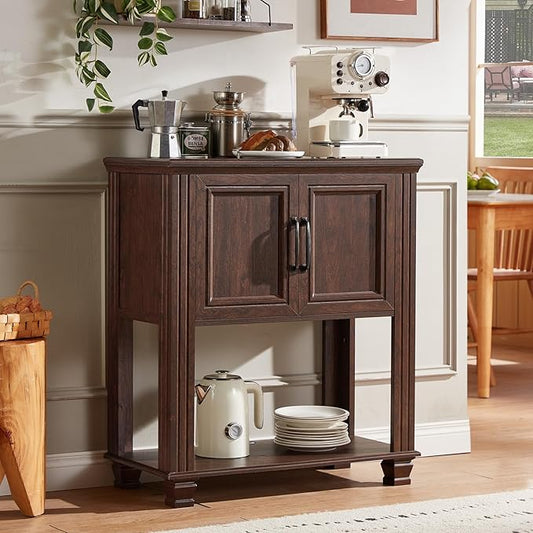 Farmhouse Coffee Bar Table with 2-Door Cabinet, Kitchen Storage Cabinets with Open Shelf, Coffee Station for Dining Room, Kitchen, Hallway, Living Room, Walnut