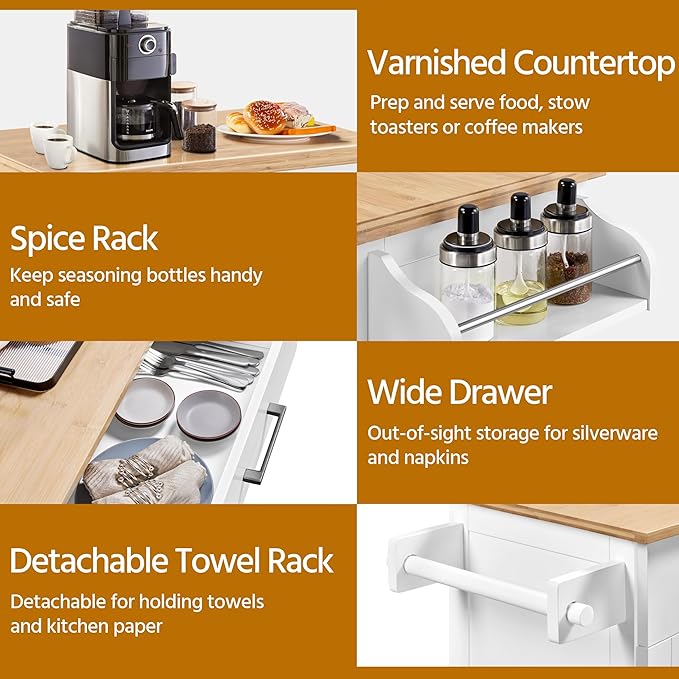 Yaheetech Kitchen Cart with Bamboo Tabletop, 32" Width Rolling Kitchen Island with Drawer and Adjustable Shelf, Storage Cabinet with Spice Rack Towel Bar for Dining Room Kitchen Living Room, White