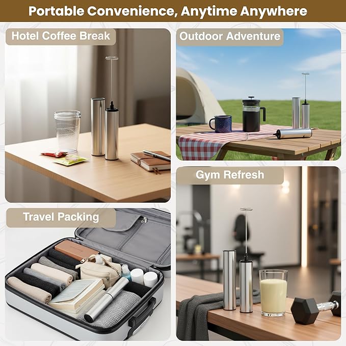 Rechargeable Milk Frother Battery Operated,2-Speed Portable Travel Frother,Electric Milk Foamer Coffee Frother for Latte, Cappuccino, Hot Chocolate Drink Mixer with Double Mini Whisks and USB Cable