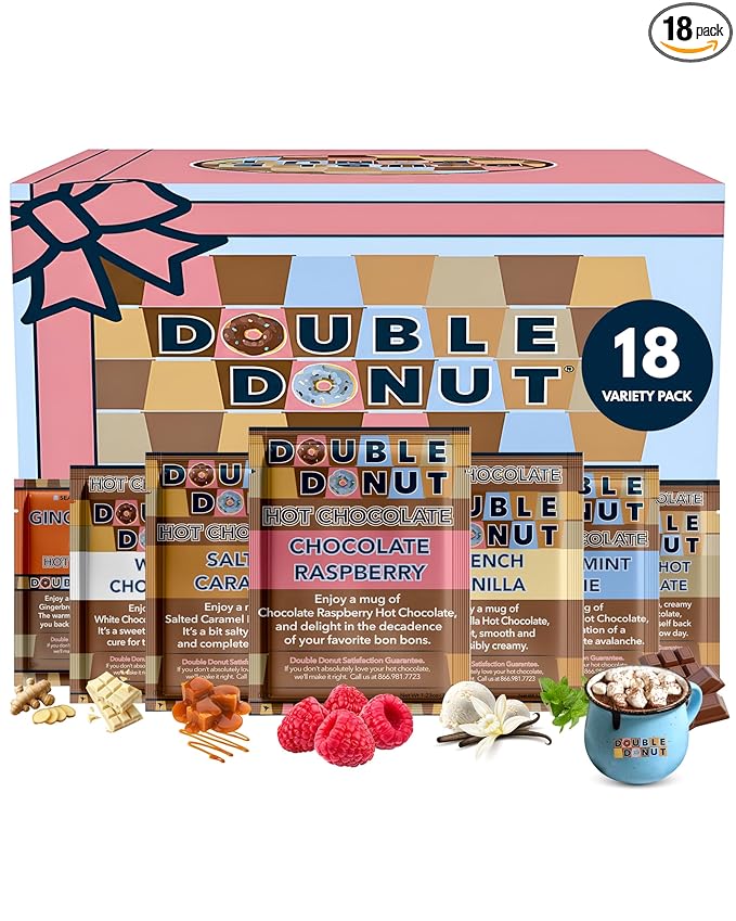 Double Donut Coffee Flavored Hot Chocolate Packets Variety Pack,18 Count Includes Classic, Chocolate Raspberry, Salted Caramel & Peppermint