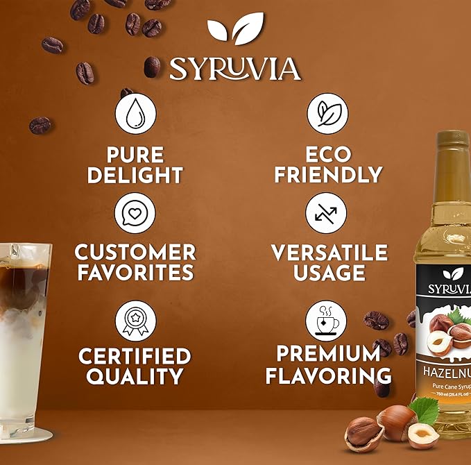 Syruvia Coffee Syrup, Hazelnut Flavored Syrup for Drinks, Lattes, and Desserts – 25.4 fl oz