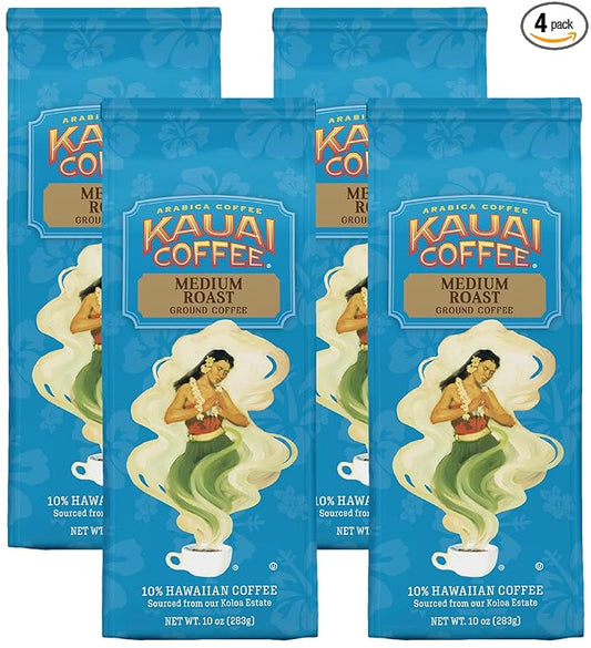 Kauai Hawaiian Ground Coffee, Koloa Estate Medium Roast - Gourmet Arabica From Hawaii's Largest Coffee Grower, Bold, Rich Blend, 10 Ounce (Pack of 4)