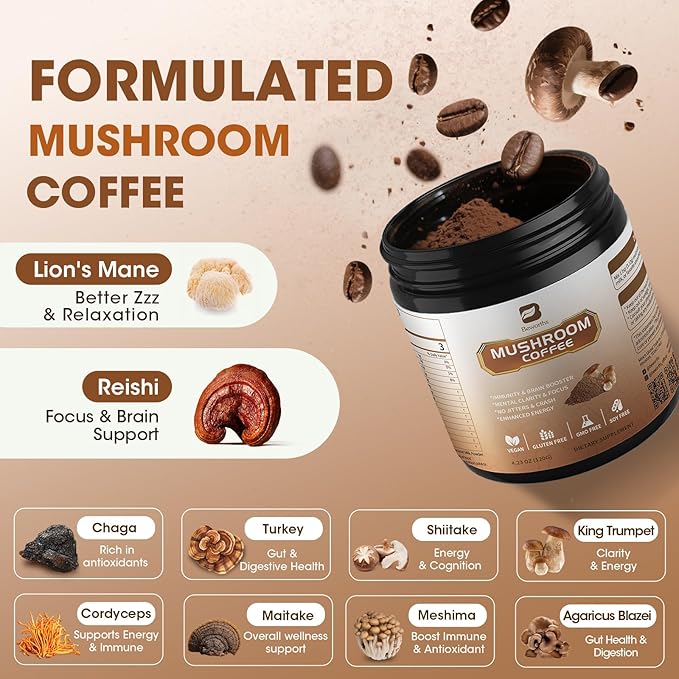 Mushroom Coffee - Lions Mane Mushroom Powder Instant Coffee with Lion's Mane, Reishi, Chaga, Cordyceps, and Turkey Tail - Mushroom Coffe Alternative for Energy, Mental Clarity & Focus, Brain Booster