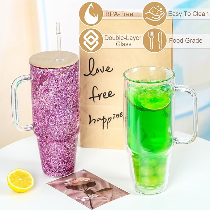 40 Oz Snow Globe Glass Cup With Handle, 2 Pack Pre-Drilled Double Wall Glass Coffee Mug For Snow Globe Diy Glitter