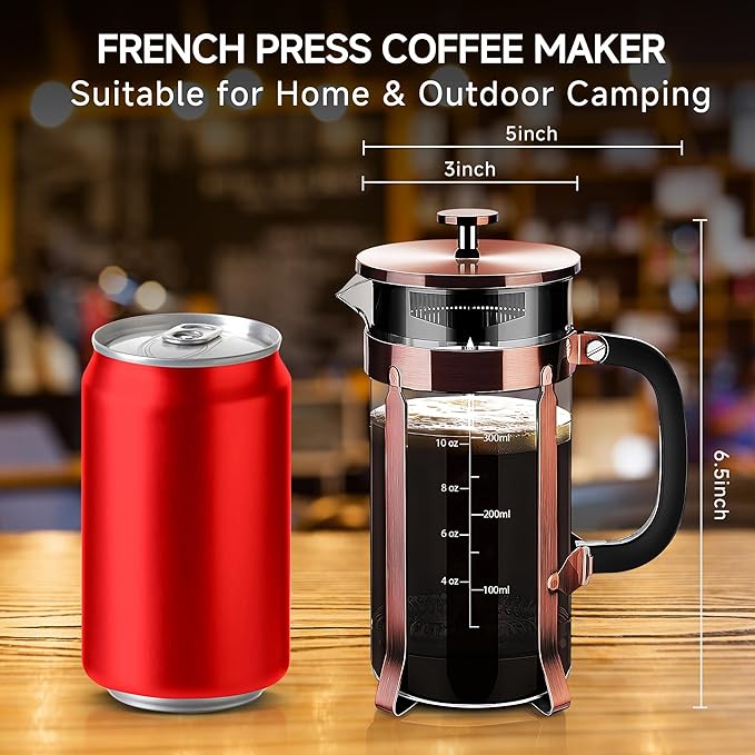 YMMIND French Press Coffee Maker 304 Stainless Steel Coffee Press,with 4 Filters System, Heat Resistant Thickness Borosilicate French Press Glass, BPA-Free Brewed Tea Pot Coffee Plunger(Copper 12oz)