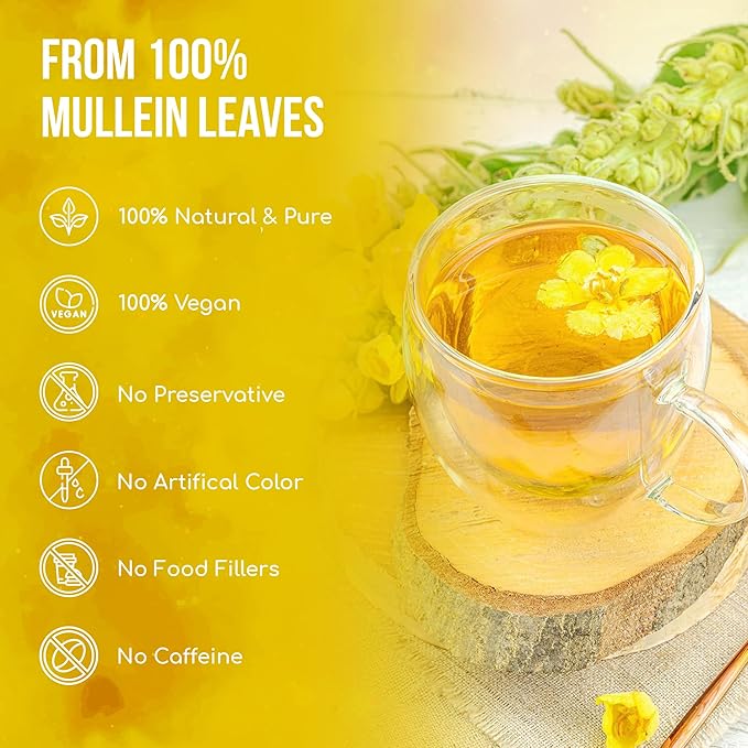 FreshDrinkUS, Premium 25 Mullein Leaf Tea For Lungs, Lung Detox For Smokers, Handmade, 100% Natural & Pure, Mullein Tea, No Sugar, No Caffeine, No Gluten, Vegan