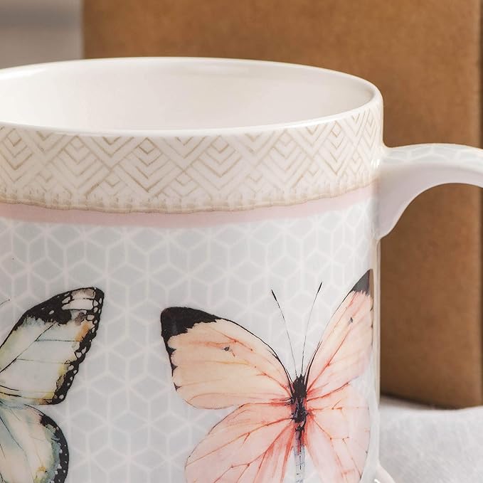 Maison d' Hermine Coffee Mug with Handles Fine Bone China Mugs Pack of One Tea Cups for Hot Beverages Cappuccino Latte Home Office Perfect for Gift (Blossoms In Spring - Butterfly, 15 Ounce)