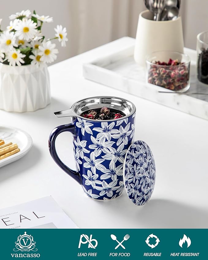 vancasso SELENE Porcelain Tea Mug, 18 oz Porcelain Tea Cup with Infuser and Lid Steeps Loose Leaf Tea, Microwave & Dishwasher Safe, Blossom Cluster