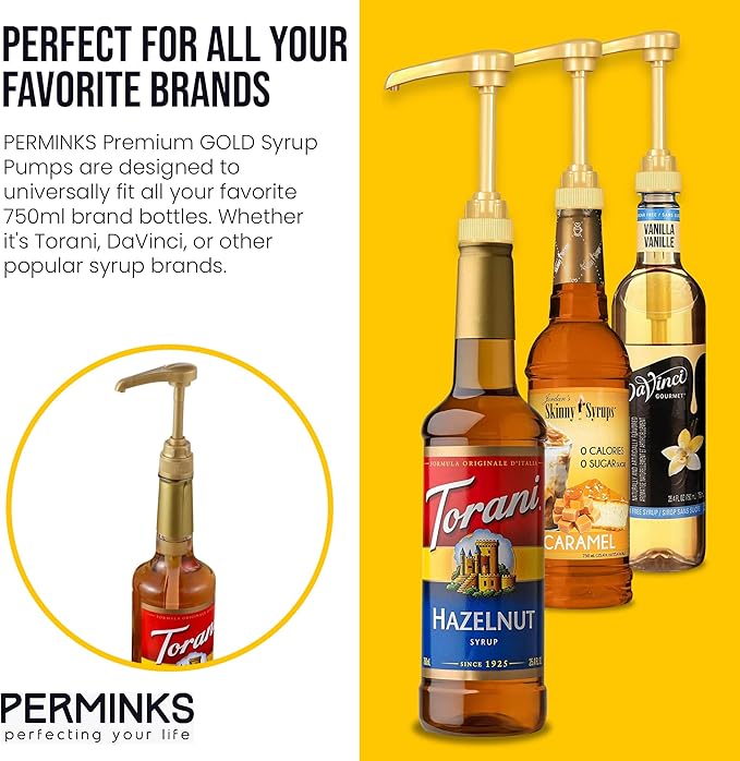 PERMINKS Premium Syrup Pump Compatible with Torani 750 ml Bottle, Davinci Syrups - No Spill, No Clog Syrup Pump Dispenser for Vanilla, Snow Cone, Blueberry, Coffee Flavoring & More (Pack of 4, Gold)