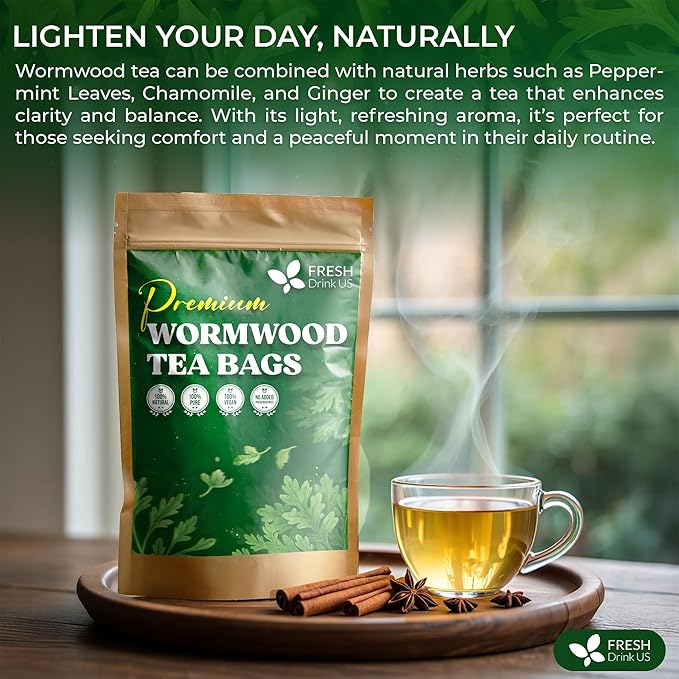 FreshDrinkUS, Premium Wormwood Tea - 135 Tea Bags - Handcrafted Herbal Blend, Caffeine-Free – Smooth Taste & Naturally Refreshing.