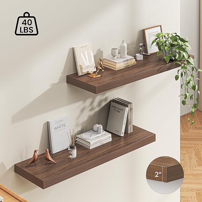 Dreamland 48" Floating Shelves for Wall, 12" Deep Thicker Walnut Floating Shelves, Wall-Mounted Shelves for Bedroom, Living Room, Kitchen, Bathroom - Set of 2